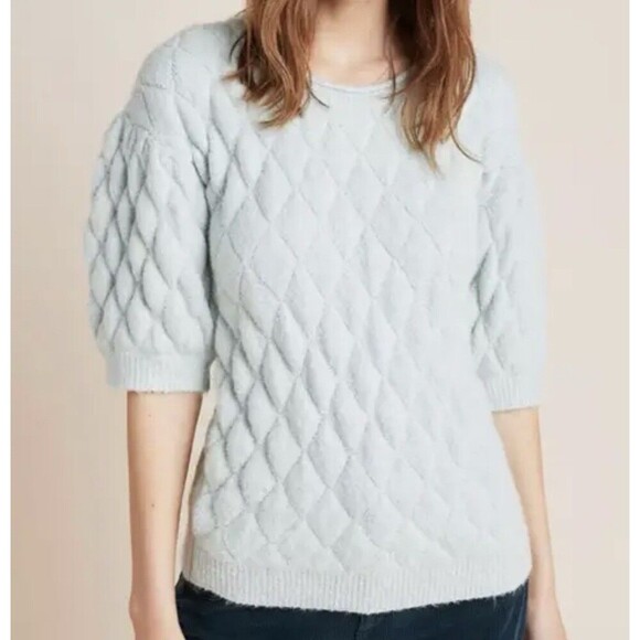 Anthropologie Bonnie Quilted Eyelash Sweater Large Blue Wool Blend Pullover - Picture 1 of 8